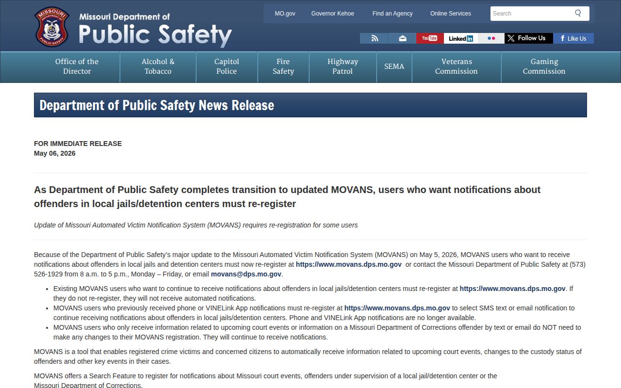 May 2026 MOVANS change affecting Gentry County release alerts