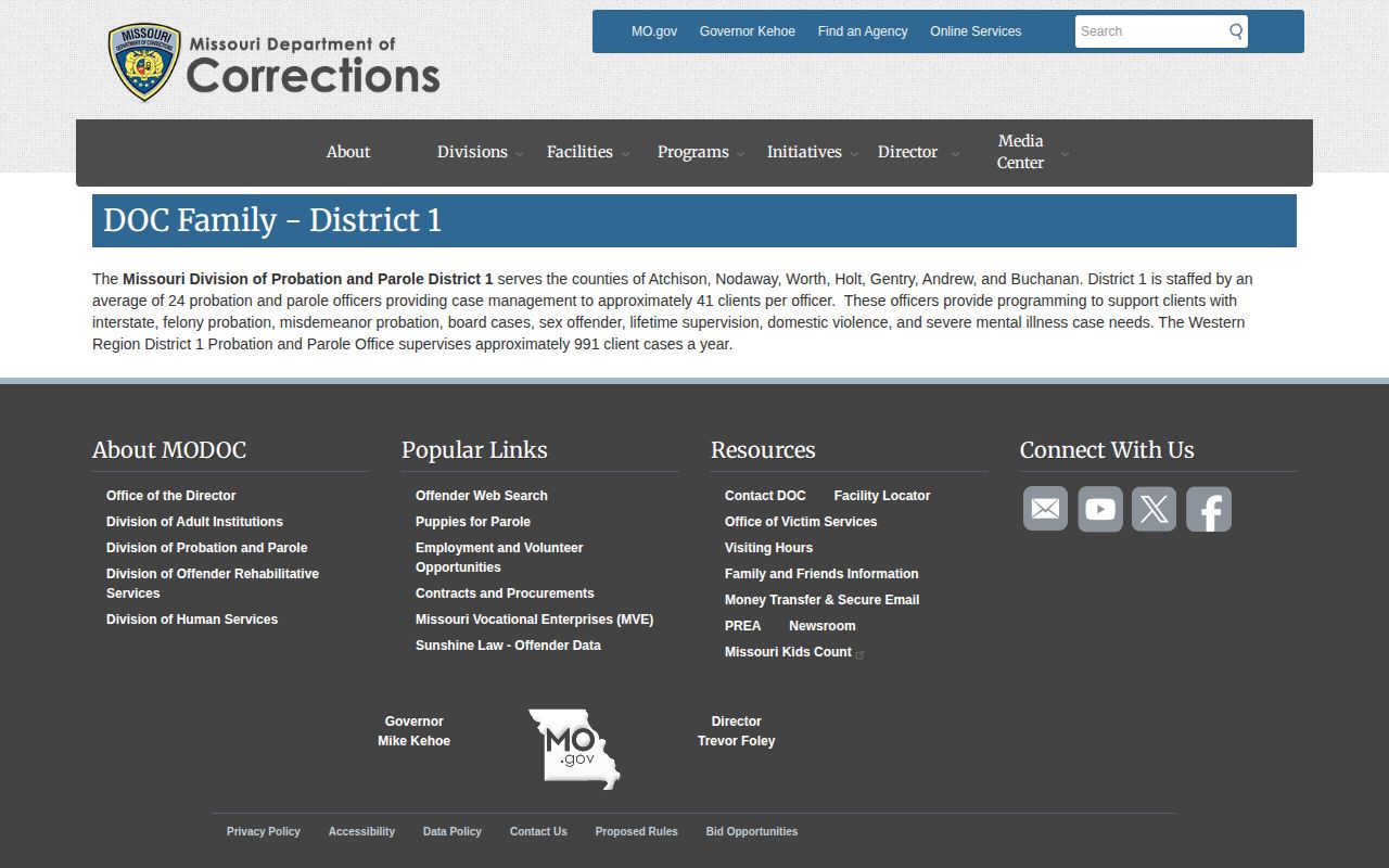 Gentry County parole and probation District 1 supervision page