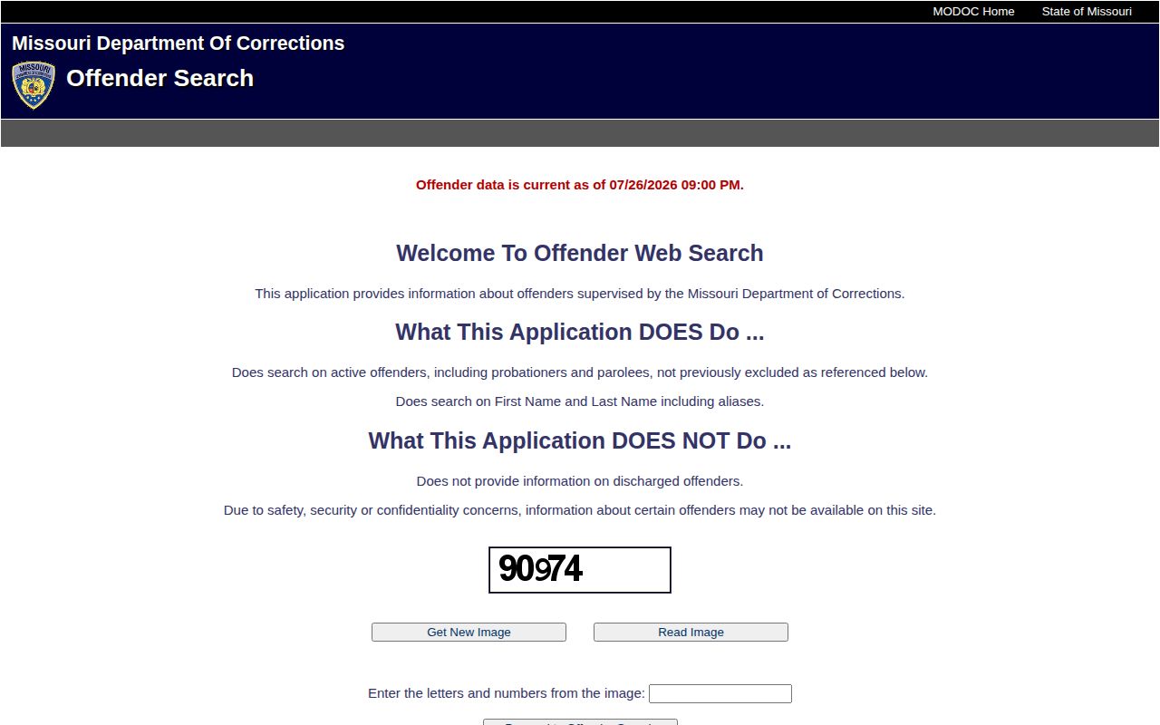 Missouri active offender search warning about discharged offenders