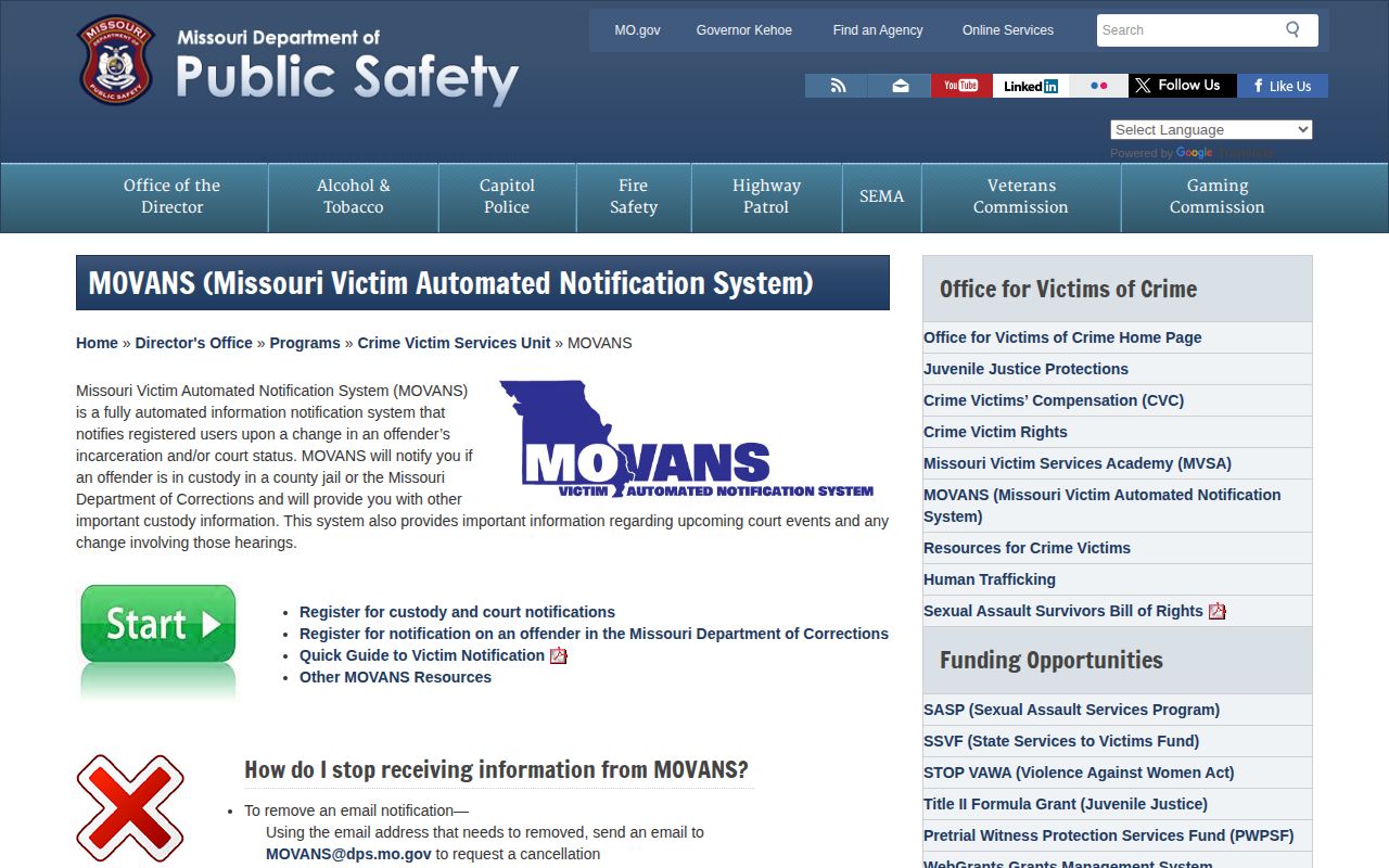 Gentry County VINE inmate check on the Missouri MOVANS information page