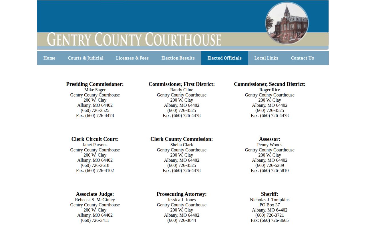 Gentry County official directory showing sheriff and court contacts
